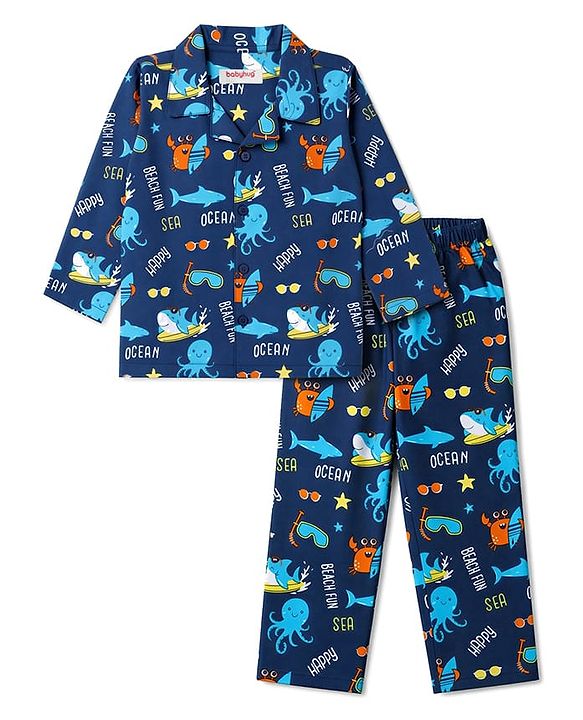 Babyhug 100% Cotton Woven Full Sleeves Front Open Co-Ords Sea Life Printed Shirt & Pajama Night Suit - Blue