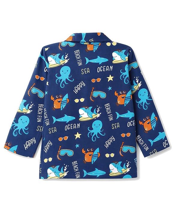 Babyhug 100% Cotton Woven Full Sleeves Front Open Co-Ords Sea Life Printed Shirt & Pajama Night Suit - Blue