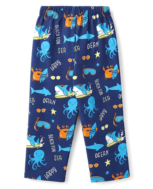 Babyhug 100% Cotton Woven Full Sleeves Front Open Co-Ords Sea Life Printed Shirt & Pajama Night Suit - Blue