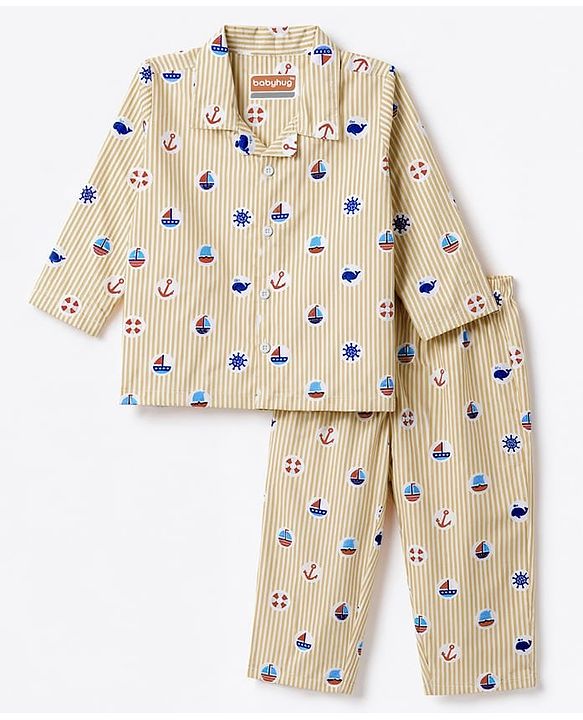Babyhug 100% Cotton Woven Full Sleeves Striped & Nautical Theme Printed Co-Ords Shirt & Pyjama Night Suit - Yellow