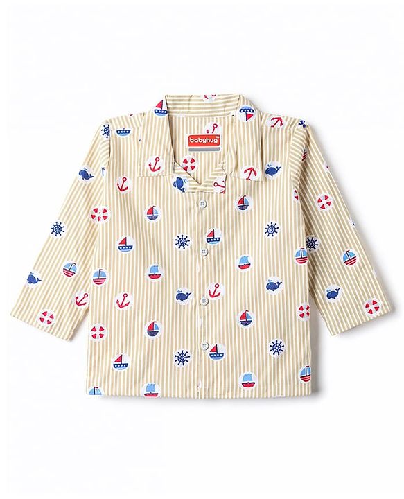 Babyhug 100% Cotton Woven Full Sleeves Striped & Nautical Theme Printed Co-Ords Shirt & Pyjama Night Suit - Yellow