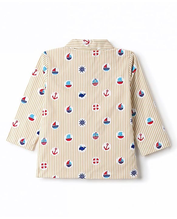 Babyhug 100% Cotton Woven Full Sleeves Striped & Nautical Theme Printed Co-Ords Shirt & Pyjama Night Suit - Yellow