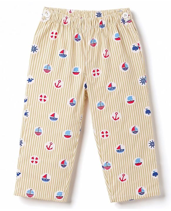 Babyhug 100% Cotton Woven Full Sleeves Striped & Nautical Theme Printed Co-Ords Shirt & Pyjama Night Suit - Yellow