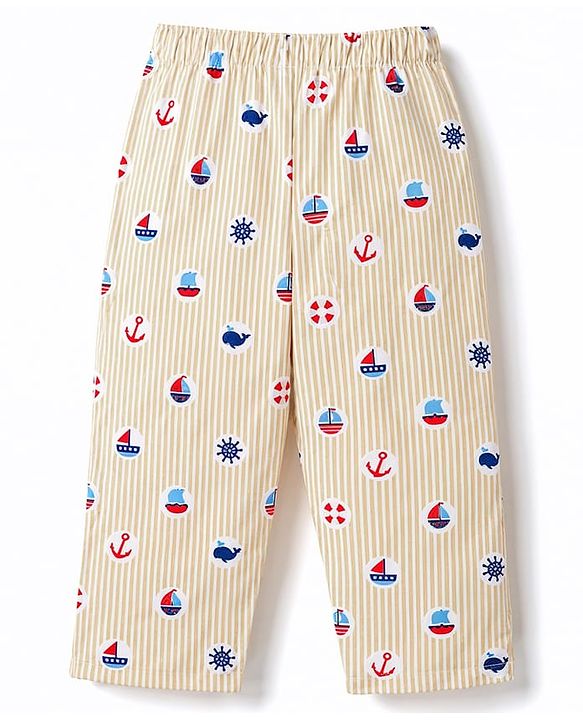 Babyhug 100% Cotton Woven Full Sleeves Striped & Nautical Theme Printed Co-Ords Shirt & Pyjama Night Suit - Yellow