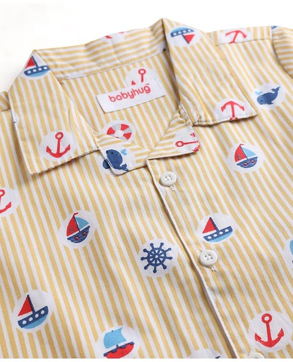 Babyhug 100% Cotton Woven Full Sleeves Striped & Nautical Theme Printed Co-Ords Shirt & Pyjama Night Suit - Yellow