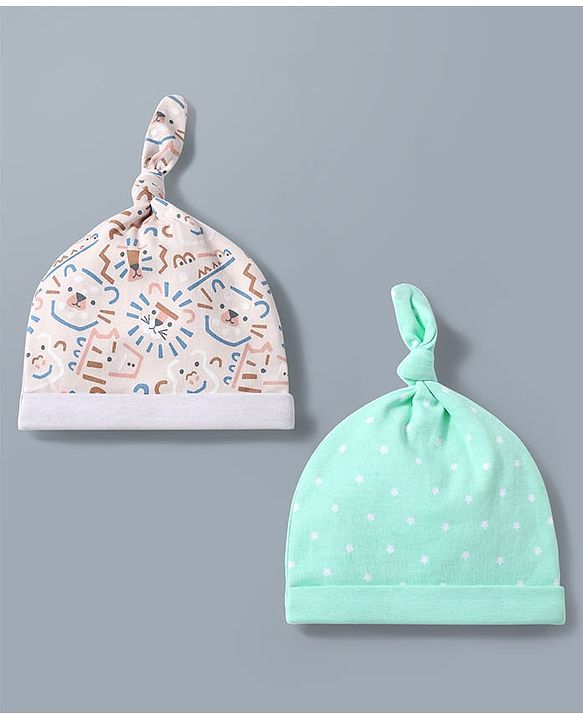 Babyhug 100% Cotton Knit Animals & Star Printed Caps Pack of 2 Multicolor - Diameter 16 cm