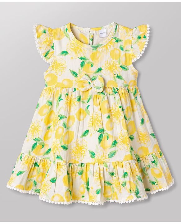 Babyhug Rayon Woven Frill Sleeves Floral Printed Frock with Bow Applique- Yellow & White