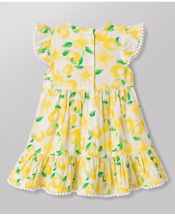 Babyhug Rayon Woven Frill Sleeves Floral Printed Frock with Bow Applique- Yellow & White