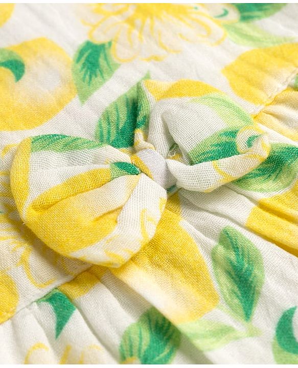 Babyhug Rayon Woven Frill Sleeves Floral Printed Frock with Bow Applique- Yellow & White