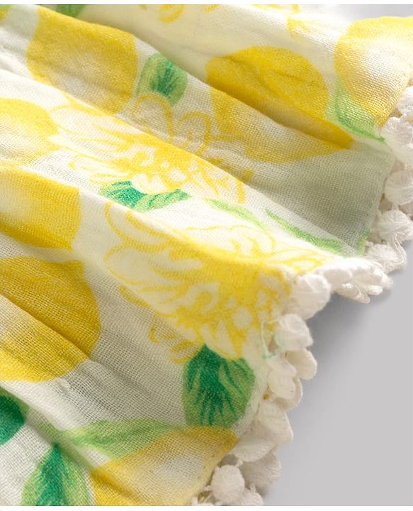 Babyhug Rayon Woven Frill Sleeves Floral Printed Frock with Bow Applique- Yellow & White