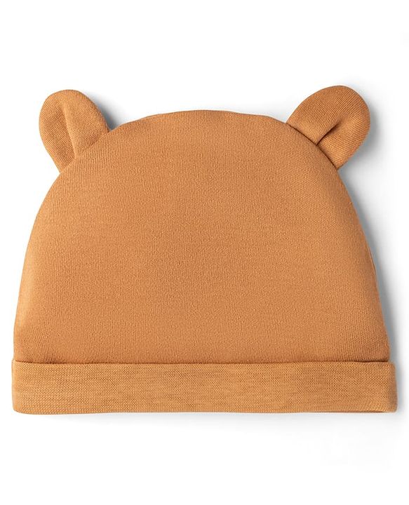 Babyhug 100% Cotton Interlock Knit Solid Baby Cap with Ears Applique Light Brown Pack of 2 - Diameter 14.5 cm