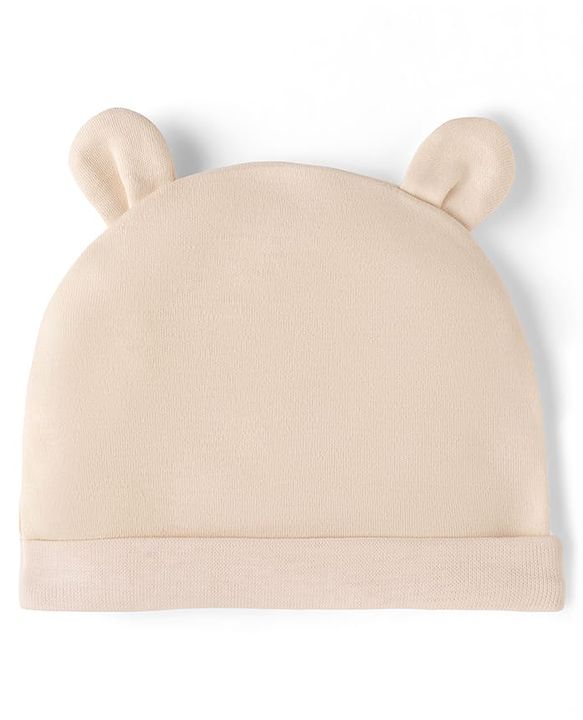 Babyhug 100% Cotton Interlock Knit Solid Baby Cap with Ears Applique Light Brown Pack of 2 - Diameter 14.5 cm
