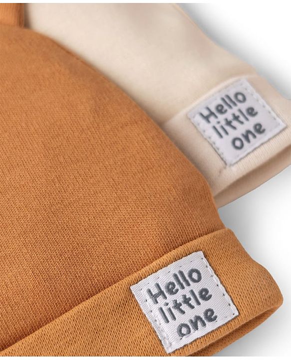 Babyhug 100% Cotton Interlock Knit Solid Baby Cap with Ears Applique Light Brown Pack of 2 - Diameter 14.5 cm