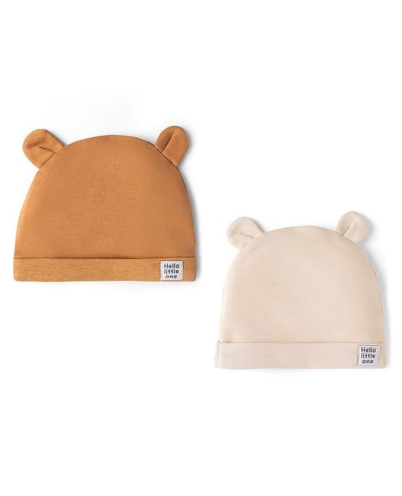 Babyhug 100% Cotton Interlock Knit Solid Baby Cap with Ears Applique Light Brown Pack of 2 - Diameter 14.5 cm