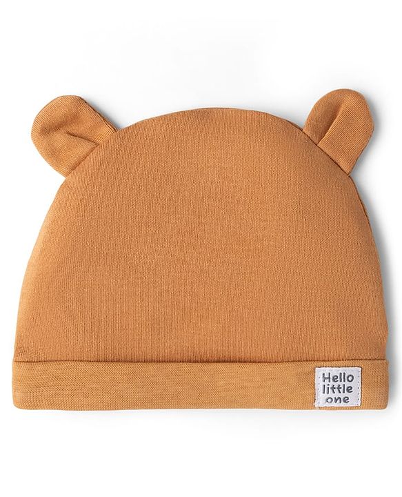 Babyhug 100% Cotton Interlock Knit Solid Baby Cap with Ears Applique Light Brown Pack of 2 - Diameter 14.5 cm
