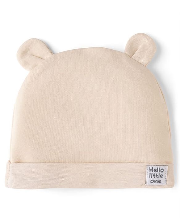 Babyhug 100% Cotton Interlock Knit Solid Baby Cap with Ears Applique Light Brown Pack of 2 - Diameter 14.5 cm