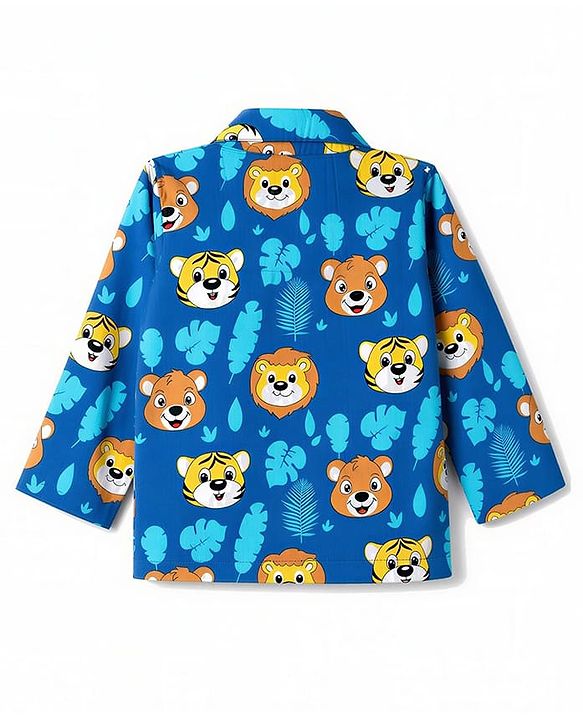 Babyhug 100% Cotton Woven Full Sleeves Front Open Co-Ords Cub Face Printed Shirt & Pajama Night Suit - Navy