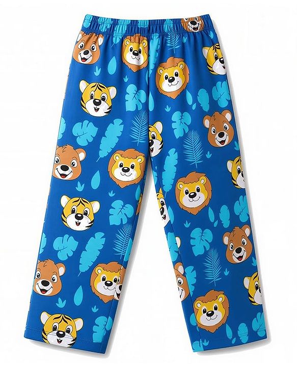 Babyhug 100% Cotton Woven Full Sleeves Front Open Co-Ords Cub Face Printed Shirt & Pajama Night Suit - Navy