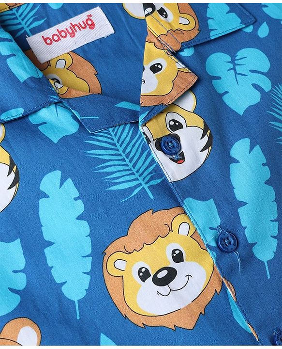 Babyhug 100% Cotton Woven Full Sleeves Front Open Co-Ords Cub Face Printed Shirt & Pajama Night Suit - Navy