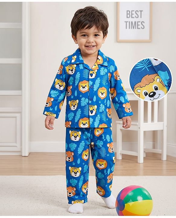 Babyhug 100% Cotton Woven Full Sleeves Front Open Co-Ords Cub Face Printed Shirt & Pajama Night Suit - Navy