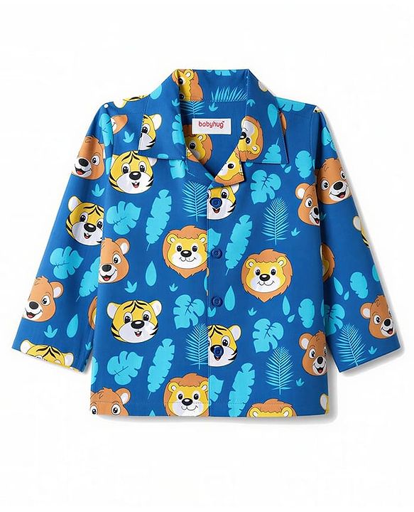 Babyhug 100% Cotton Woven Full Sleeves Front Open Co-Ords Cub Face Printed Shirt & Pajama Night Suit - Navy