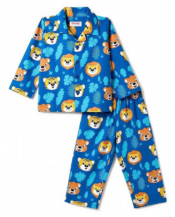 Babyhug 100% Cotton Woven Full Sleeves Front Open Co-Ords Cub Face Printed Shirt & Pajama Night Suit - Navy