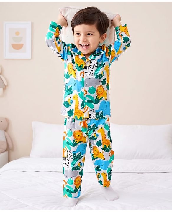 Babyhug 100% Cotton Knit Full Sleeves Front Open Co-Ords Animals Printed Shirt & Pajama Night Suit - White