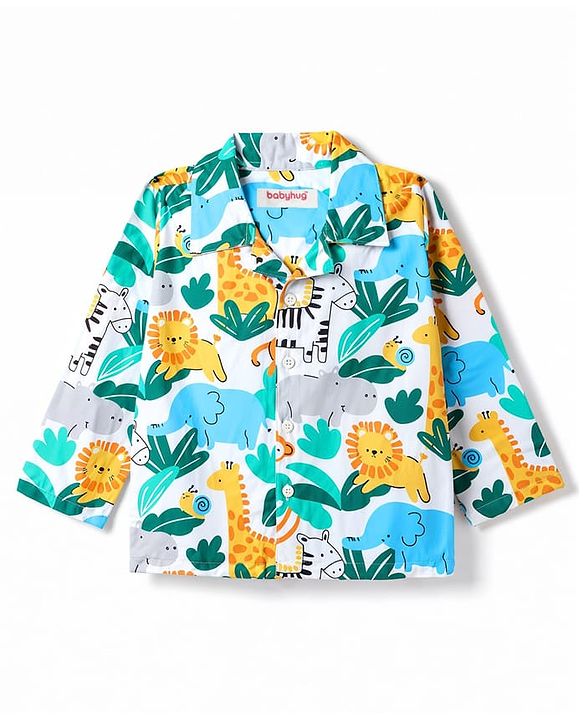 Babyhug 100% Cotton Knit Full Sleeves Front Open Co-Ords Animals Printed Shirt & Pajama Night Suit - White