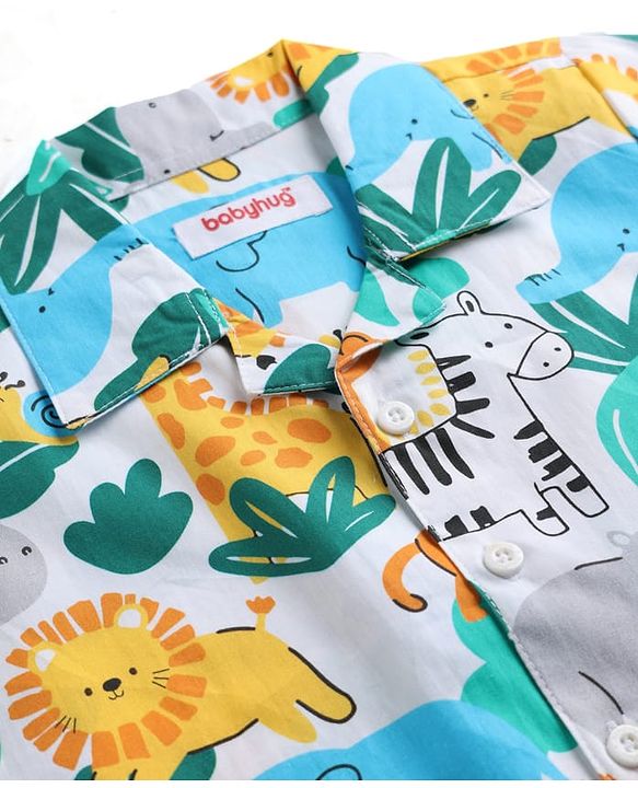 Babyhug 100% Cotton Knit Full Sleeves Front Open Co-Ords Animals Printed Shirt & Pajama Night Suit - White