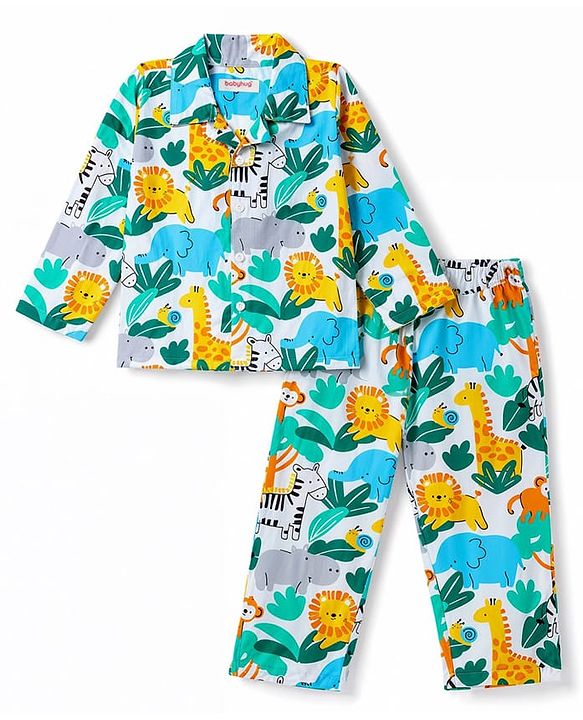 Babyhug 100% Cotton Knit Full Sleeves Front Open Co-Ords Animals Printed Shirt & Pajama Night Suit - White