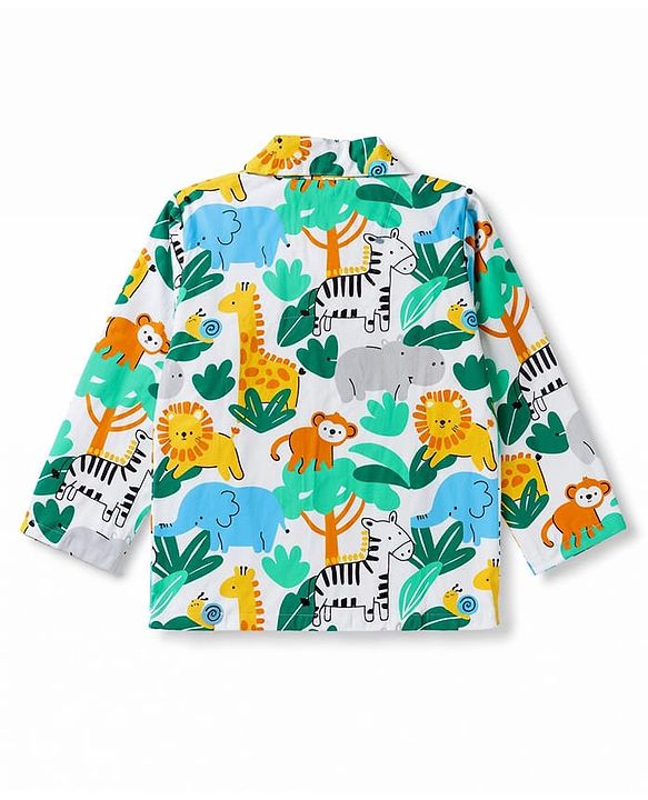 Babyhug 100% Cotton Knit Full Sleeves Front Open Co-Ords Animals Printed Shirt & Pajama Night Suit - White