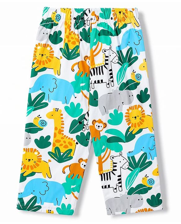 Babyhug 100% Cotton Knit Full Sleeves Front Open Co-Ords Animals Printed Shirt & Pajama Night Suit - White