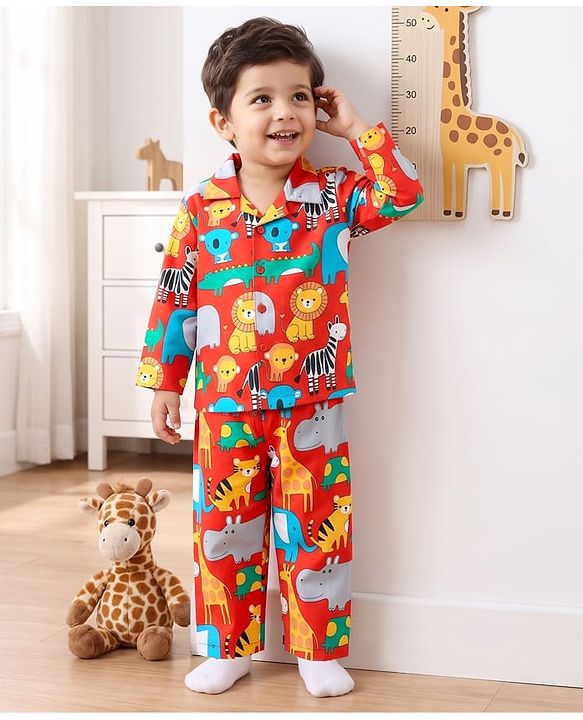 Babyhug 100% Cotton Knit Full Sleeves Shirt & Pyjama Night Suit Co-ords With Animal Print - Red