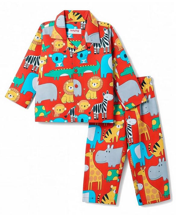 Babyhug 100% Cotton Knit Full Sleeves Shirt & Pyjama Night Suit Co-ords With Animal Print - Red
