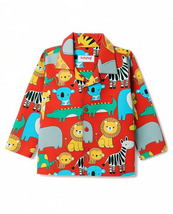Babyhug 100% Cotton Knit Full Sleeves Shirt & Pyjama Night Suit Co-ords With Animal Print - Red