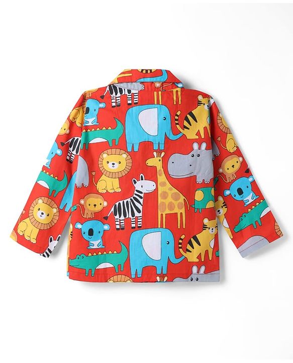 Babyhug 100% Cotton Knit Full Sleeves Shirt & Pyjama Night Suit Co-ords With Animal Print - Red