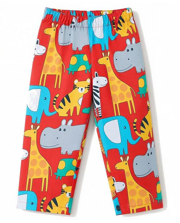 Babyhug 100% Cotton Knit Full Sleeves Shirt & Pyjama Night Suit Co-ords With Animal Print - Red