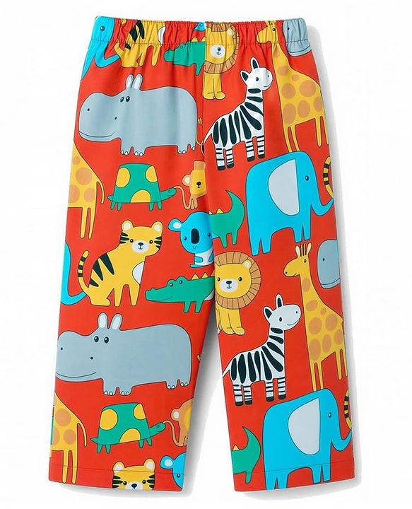 Babyhug 100% Cotton Knit Full Sleeves Shirt & Pyjama Night Suit Co-ords With Animal Print - Red
