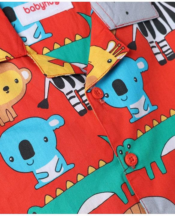 Babyhug 100% Cotton Knit Full Sleeves Shirt & Pyjama Night Suit Co-ords With Animal Print - Red