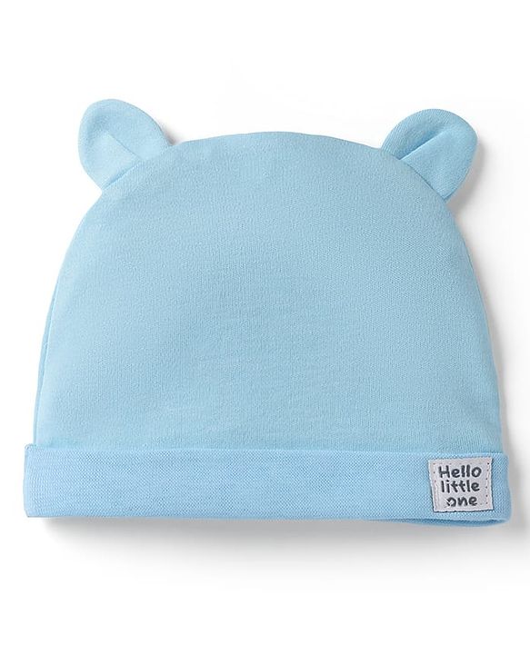 Babyhug 100% Cotton Interlock Knit Cap With Ear Applique Pack of 2 Light Blue & Orange - Diameter 15 cm