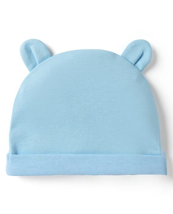 Babyhug 100% Cotton Interlock Knit Cap With Ear Applique Pack of 2 Light Blue & Orange - Diameter 15 cm
