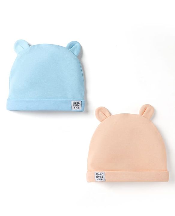 Babyhug 100% Cotton Interlock Knit Cap With Ear Applique Pack of 2 Light Blue & Orange - Diameter 15 cm