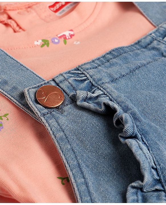Babyhug Denim Woven Frock and Inner Tee with Half Sleeves and Floral Embroidery - Blue