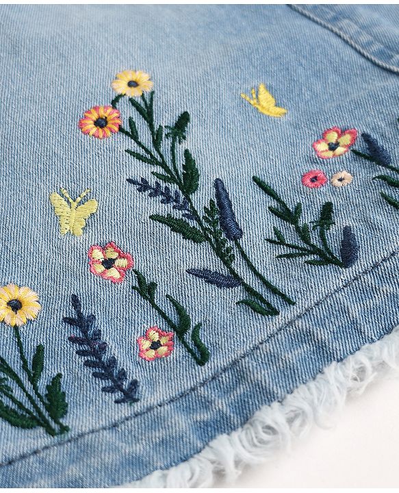 Babyhug Denim Woven Frock and Inner Tee with Half Sleeves and Floral Embroidery - Blue