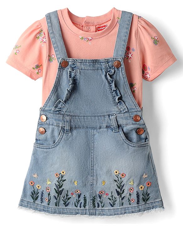 Babyhug Denim Woven Frock and Inner Tee with Half Sleeves and Floral Embroidery - Blue