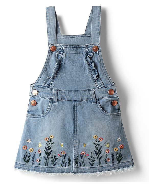 Babyhug Denim Woven Frock and Inner Tee with Half Sleeves and Floral Embroidery - Blue