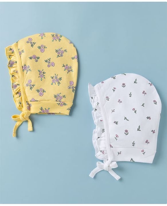 Babyhug 100% Cotton Interlock Knit Frilled Baby Caps with Floral Print Pack of 2 Yellow & White - Diameter 15 cm