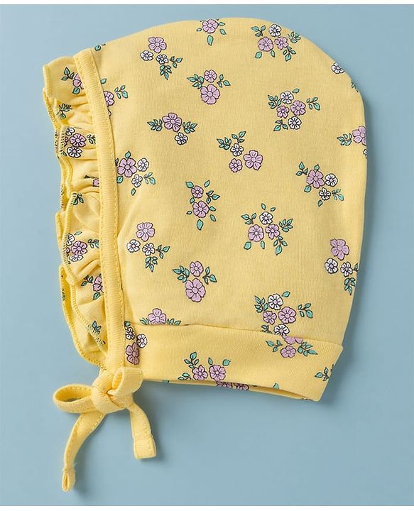 Babyhug 100% Cotton Interlock Knit Frilled Baby Caps with Floral Print Pack of 2 Yellow & White - Diameter 15 cm