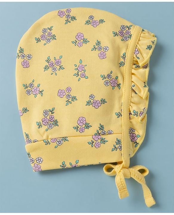 Babyhug 100% Cotton Interlock Knit Frilled Baby Caps with Floral Print Pack of 2 Yellow & White - Diameter 15 cm
