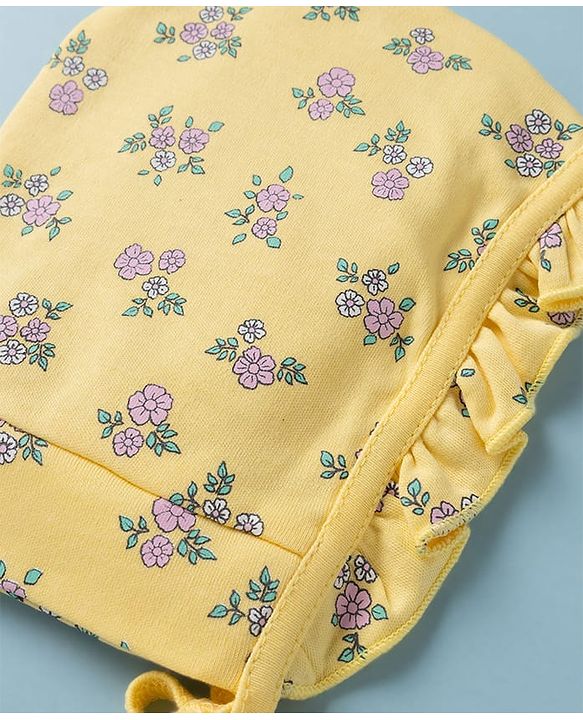 Babyhug 100% Cotton Interlock Knit Frilled Baby Caps with Floral Print Pack of 2 Yellow & White - Diameter 15 cm